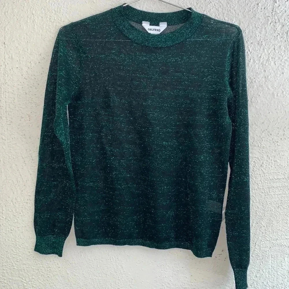 GRLFRND Green Glitter Sparkle Sheer Crew Neck Sweater Size XS